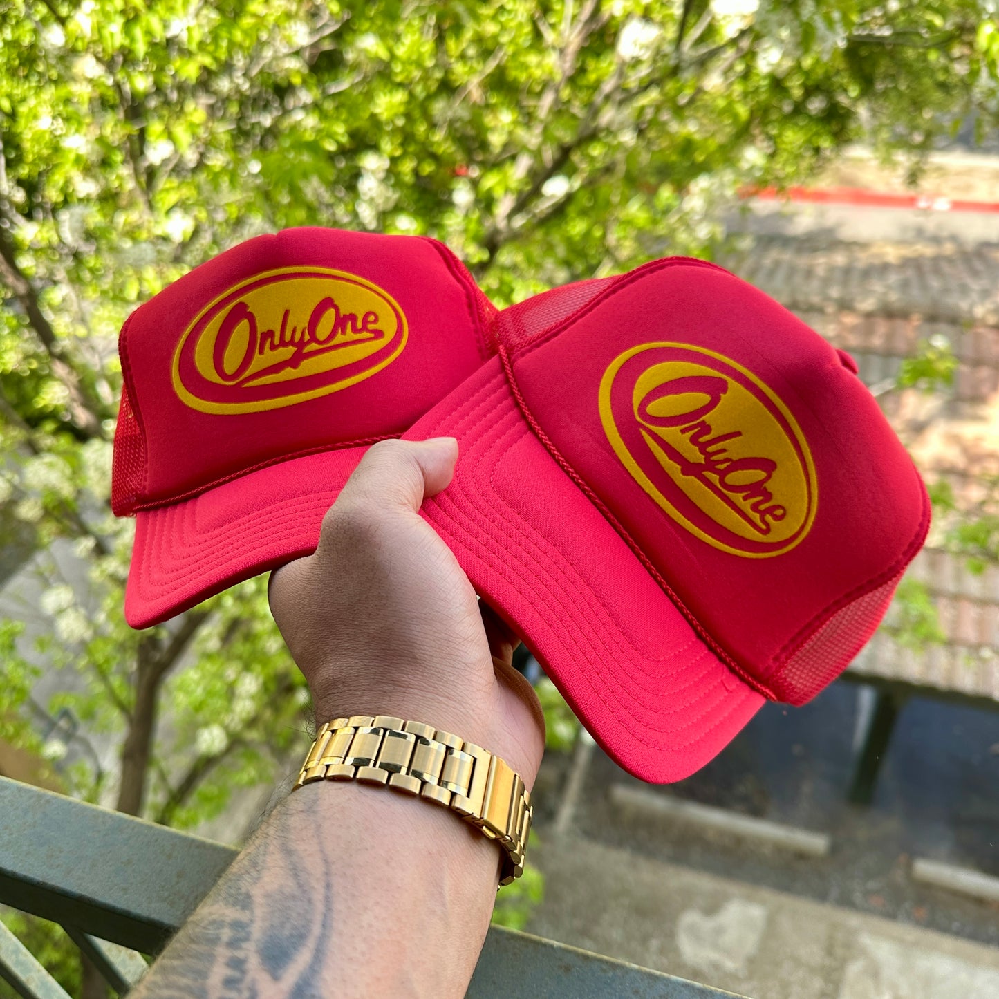 Only One "Script" Trucker Hat - Red/Gold